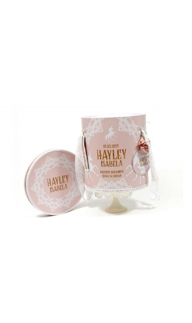 Trusou de botez roz pudra cu broderie personalizata gold si unicorni Unicorn Valley 12